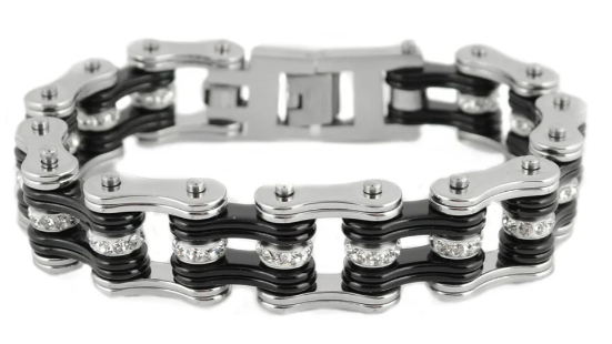Men's Motorcycle Bike Chain Biker Jewelry Bracelet Stainless Steel Silver and Black SB88