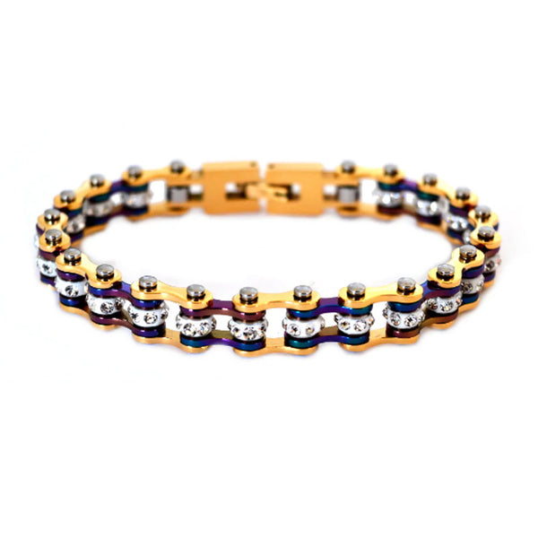 Ladies Stainless Steel Gold & Multi Colors Mini Motorcycle Biker Tennis Bracelet SB93