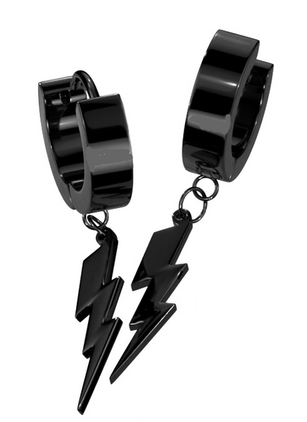 Biker Jewelry Stainless Steel Black Hoop Dangling Lightning Bolt Earrings Black in Color SE11B