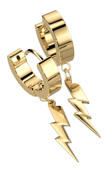 Biker Jewelry Stainless Steel Hinged Hoop Dangling Lightning Bolt Earrings Silver in Color SE11G
