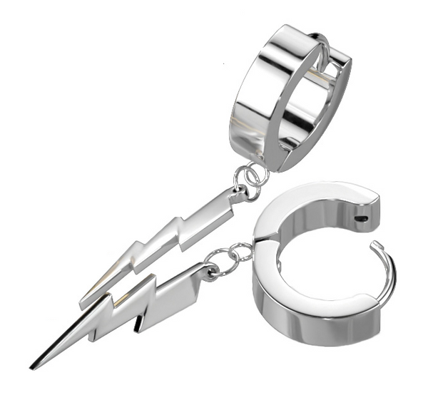 Biker Jewelry Stainless Steel Hinged Hoop Dangling Lightning Bolt Earrings Silver in Color SE11S
