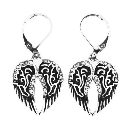 Biker Jewelry Ladies Bling Wings Lever Back Stainless-Steel Earrings SE14