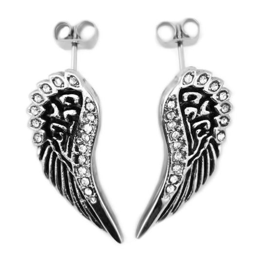 Biker Jewelry Ladies Bling Angel Wing Post Earrings Stainless Steel SE15
