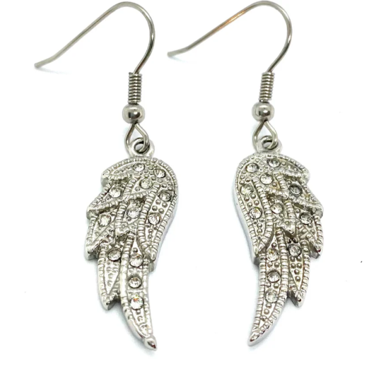 Biker Jewelry Ladies Bling Wings French Wire Earrings Stainless Steel SE17