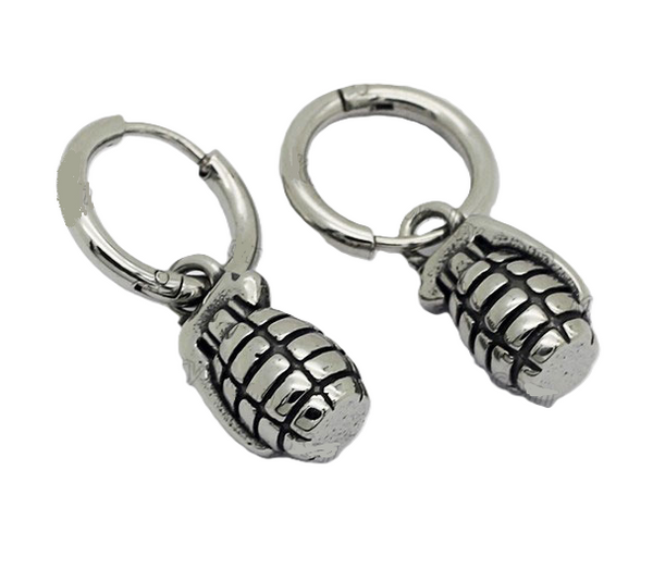EARRINGS Unisex Stainless Steel Hand Grenade Hoops SE19