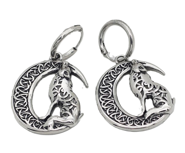 EARRINGS Unisex Stainless-Steel Wolf and Moon Hoops SE21