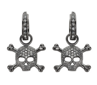 Biker Jewelry Ladies Black Bling Skull & Crossbones Hoop Earrings Stainless Steel SE34