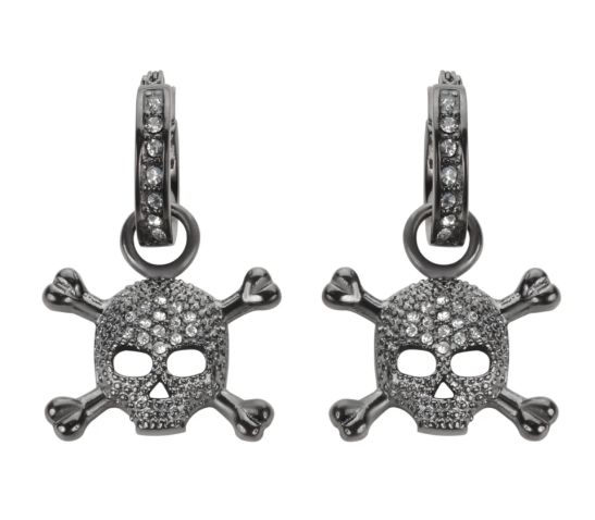 Biker Jewelry Ladies Black Bling Skull & Crossbones Hoop Earrings Stainless Steel SE34
