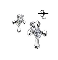 EARRINGS Stainless Steel Religious Cross Marquise CZ SE3