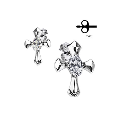EARRINGS Stainless Steel Religious Cross Marquise CZ SE3
