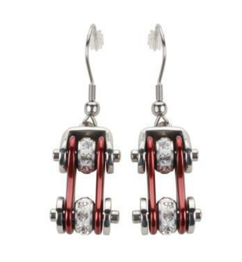 Biker Jewelry Ladies Motorcycle Bike Chain Earrings Stainless Steel Chrome & Candy Red SE42