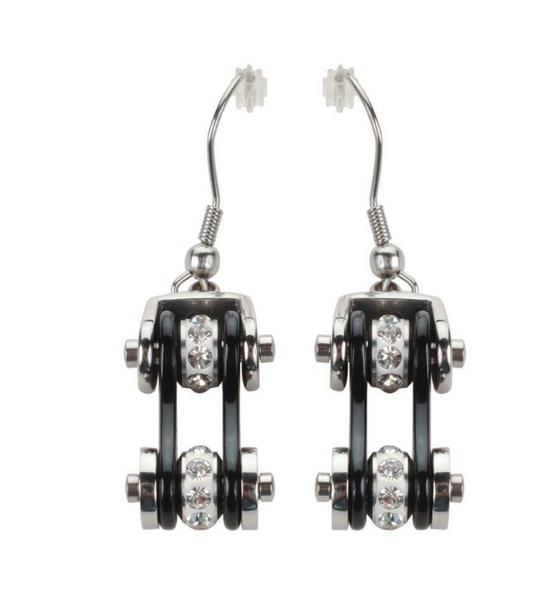 Biker Jewelry Ladies Motorcycle Bike Chain Earrings Stainless Steel Chrome & Black SE44