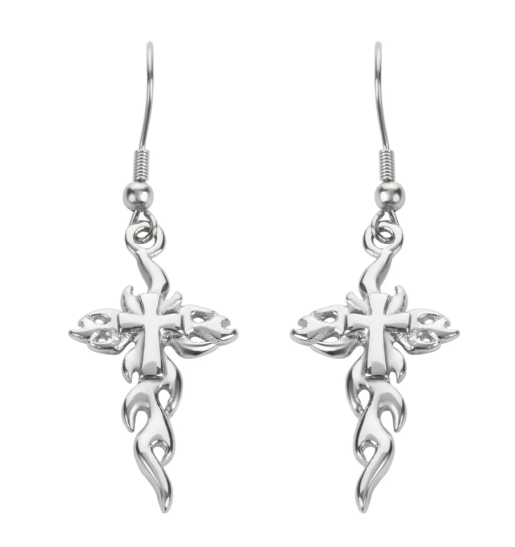 Biker Jewelry Ladies Flaming Cross French Wire Earrings Stainless Steel Religious Jewelry SE49