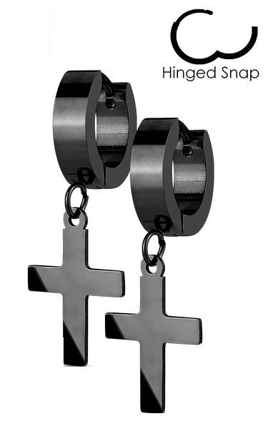 Stainless Steel Hinged Hoop Dangling Religious Cross Earrings Black in Color SE5B