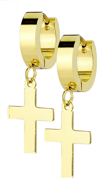 Stainless Steel Hinged Hoop Dangling Religious Cross Earrings Gold in Color SE5G