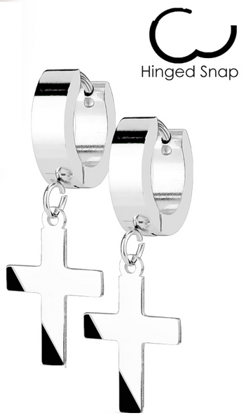 Stainless Steel Hinged Hoop Dangling Religious Cross Earrings Silver in Color SE5S