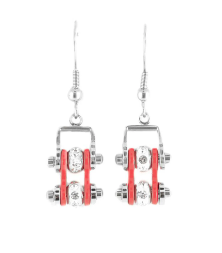 Heavy Metal Jewelry Ladies Motorcycle Mini Bike Chain Earrings Stainless Steel Chrome/Red SE50
