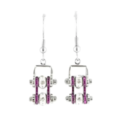 Biker Jewelry Ladies Motorcycle Bike Chain Earrings Stainless Steel Chrome & Candy Purple SE51
