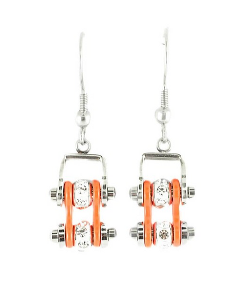 Biker Jewelry Women's Motorcycle Bike Chain Earrings Stainless Steel Chrome & Orange SE52