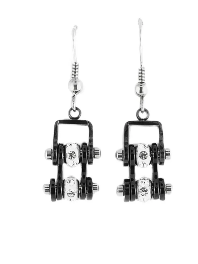 Biker Jewelry Ladies Motorcycle Mini Bike Chain Earrings Stainless Steel Black & Black SE55