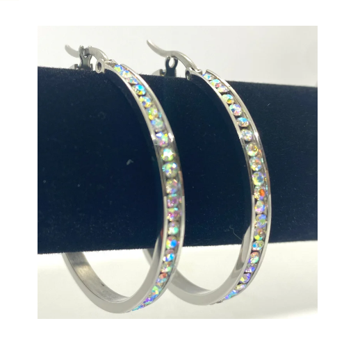 Women's Hoop Earrings Iridescent Crystals 30mm or 40mm Stainless Steel SE56