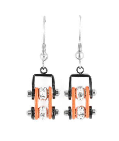 Biker Jewelry Ladies Motorcycle Bike Chain Earrings Stainless Steel Black/Orange SE57