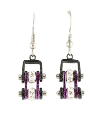 Biker Jewelry Ladies Motorcycle Small Bike Chain Earrings Stainless Steel Black an Candy Purple SE58