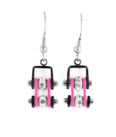 Biker Jewelry Ladies Motorcycle Mini Bike Chain Earrings Stainless Steel Black/Pink SE59