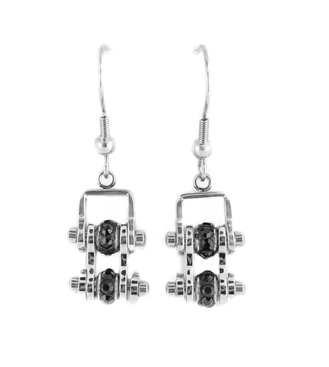 Biker Jewelry Ladies Bike Chain Earrings Stainless Steel Black Crystals SE61