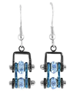 Biker Jewelry Ladies Motorcycle Small Bike Chain Earrings Stainless Steel Black & Blue & Blue Stones SE63