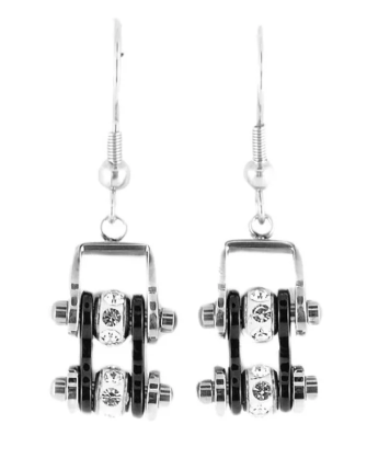 Biker Jewelry Ladies Motorcycle Bike Chain Earrings Stainless Steel Chrome & Black SE65