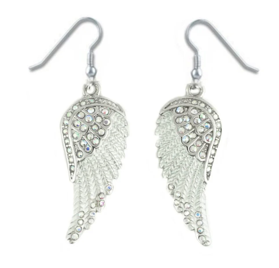 Large Women's Stainless Angel Wing Earrings / Iridescent Rainbow Crystals SE66