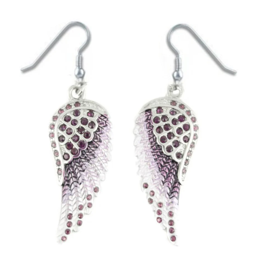 Biker Motorcycle Jewelry Ladies Large Bling Purple Wings French Wire Earrings Stainless Steel SE68