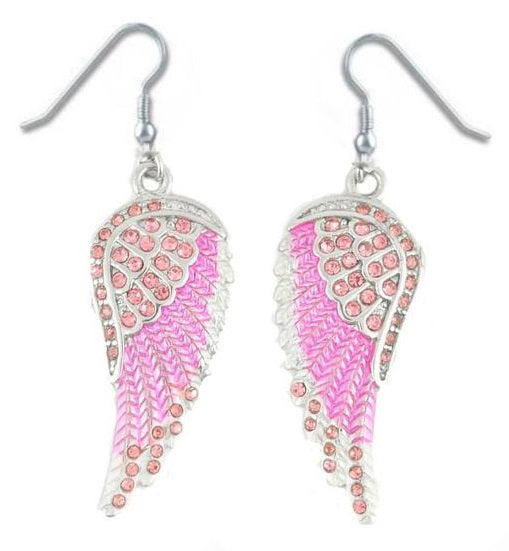 Biker Jewelry Ladies Large Bling Pink Wings French Wire Earrings Stainless Steel SE69