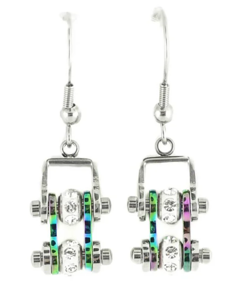 Biker Jewelry Ladies Motorcycle Bike Chain Earrings Stainless Steel Chrome / Iridescent SE71