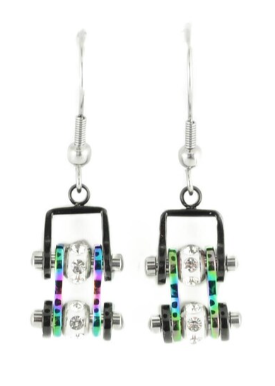 Biker Jewelry Ladies Small Bike Chain Earrings Stainless Steel Two Tone Black Rainbow with Crystal Centers SE72