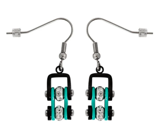 Biker Jewelry Ladies Stainless Steel Black & Turquoise Motorcycle Mini Bike Chain Earrings SE73