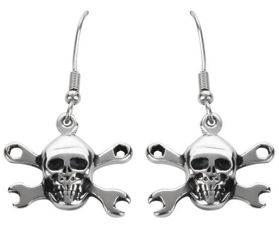 Biker Jewelry Skull & Wrenches French Wire Earrings Stainless Steel SE7
