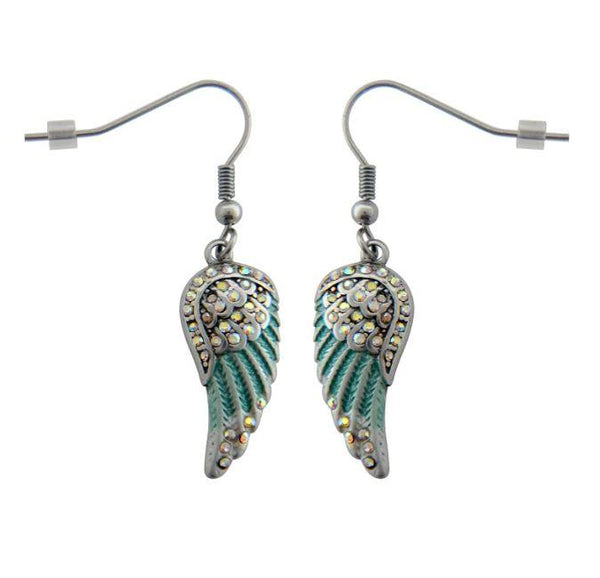 Biker Jewelry Ladies Turquoise Wings French Wire Earrings Stainless Steel SE84