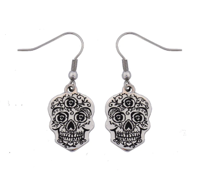 Ladies Flat Sugar Skull Earrings French Wire Stainless Steel SE87