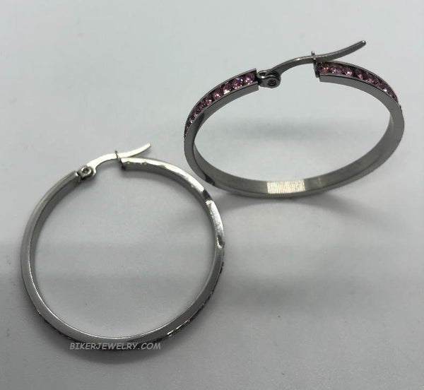 Women's Hoop Earrings Pink Crystals 30mm or 40mm Stainless Steel SE88