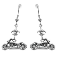 Ladies Dangle Motorcycle Fleur De Lis French Wire Biker Earrings Stainless Steel SE28