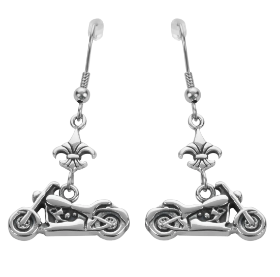 Ladies Dangle Motorcycle Fleur De Lis French Wire Biker Earrings Stainless Steel SE28
