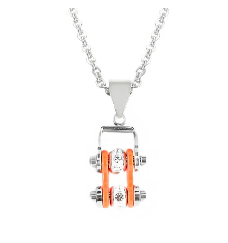 Biker Jewelry Ladies Mini Bike Chain Pendant Necklace Stainless Steel Chrome & a True Orange SP101