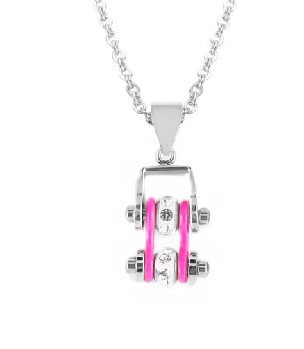 Biker Jewelry Ladies Mini Motorcycle Bike Chain Pendant Necklace Stainless Steel Chrome & Hot Pink SP102