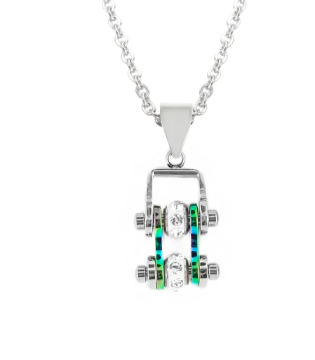Women's Mini Motorcycle Bike Chain Pendant Chrome & Iridescent Stainless Steel SP103