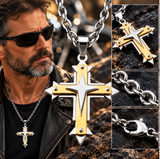 Three Layer Cross Two Tone Pendant on Open Link Chain Religious Cross Unisex Necklace SP104