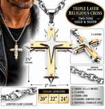 Three Layer Cross Two Tone Pendant on Open Link Chain Religious Cross Unisex Necklace SP104