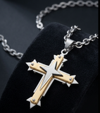 Three Layer Cross Two Tone Pendant on Open Link Chain Religious Cross Unisex Necklace SP104