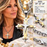 Three Layer Cross Two Tone Pendant on Open Link Chain Religious Cross Unisex Necklace SP104